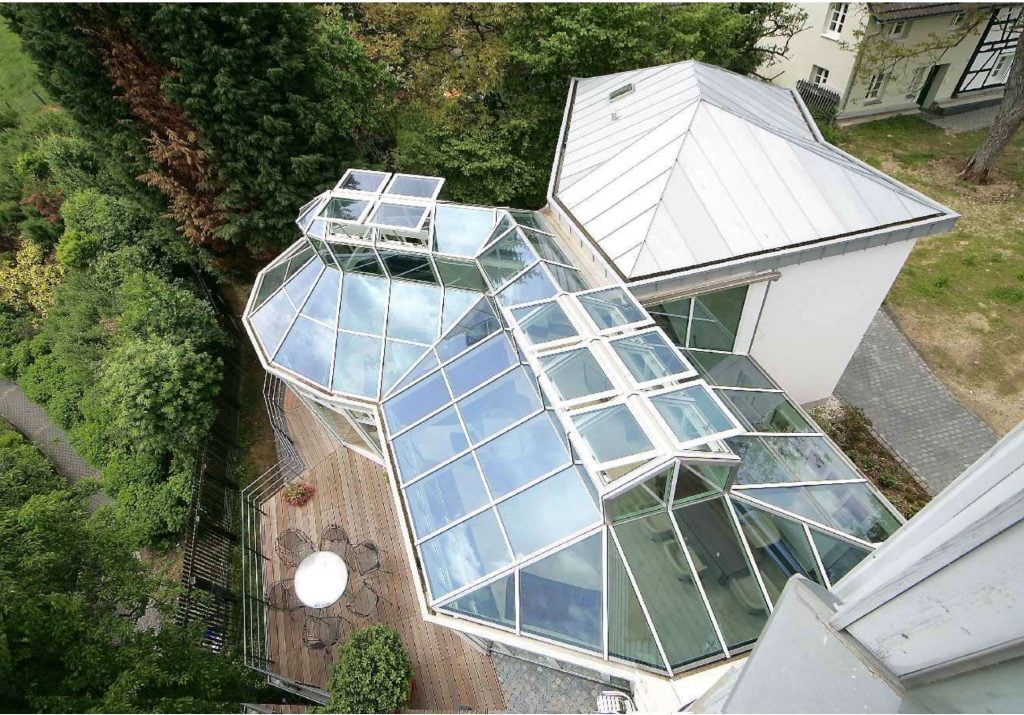 Image of rooftop with multiple skylights
