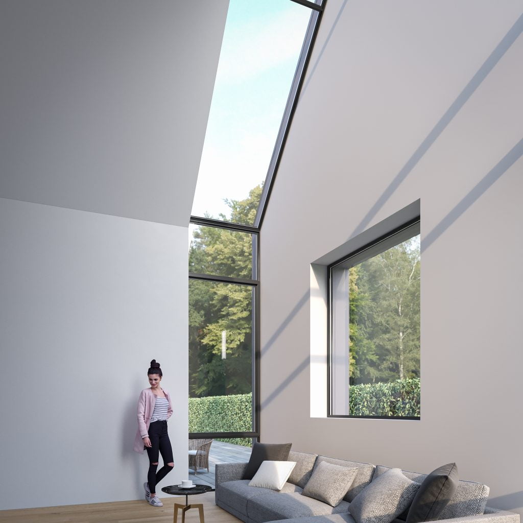 Image of a home's interior with a long skylight on the roof.